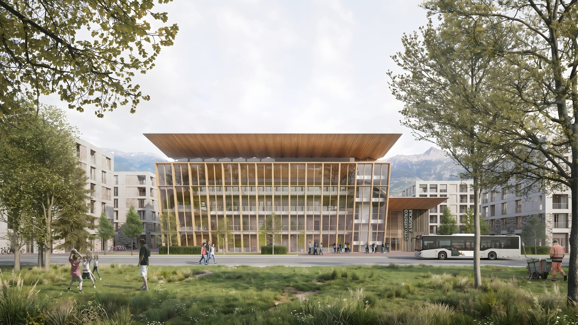 South-facing facade of the sunspace at the school in Aosta